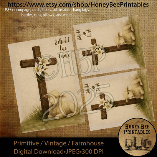 Digital Download, Printable, Decoupage, Primitive, Craft, Vintage, Religious, Behold The Lamb, Cross, Easter, Sheep, Jesus, Christ, 5x7, 4x5