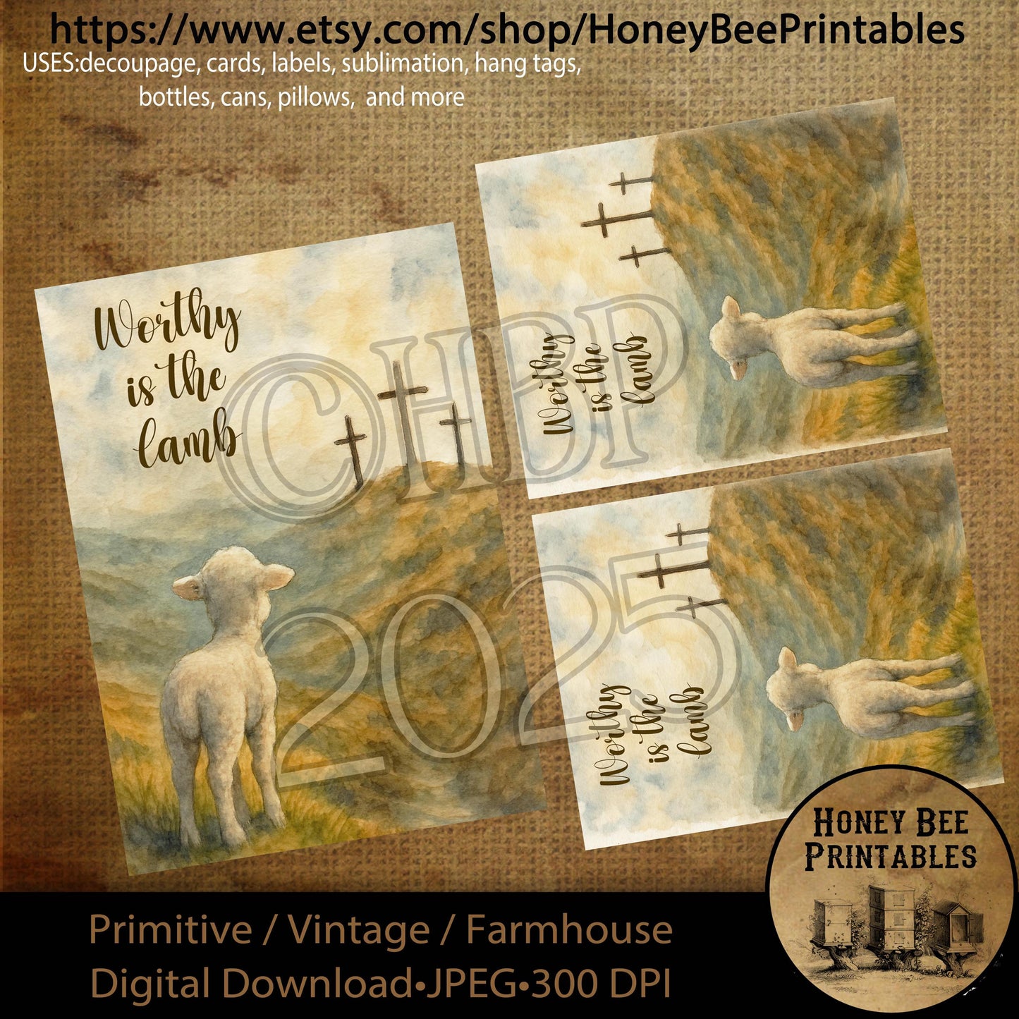 Digital Download, Printable, Decoupage, Primitive, Craft, Vintage, Religious,  Worthy is The Lamb, Cross, Easter, Sheep, Jesus, 5x7, 4x5