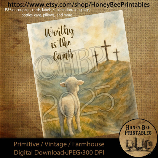 Digital Download, Printable, Decoupage, Primitive, Vintage, Spring, Bible, Religious, Easter, Cross, Jesus, Worthy is the Lamb, Sheep, 8x10