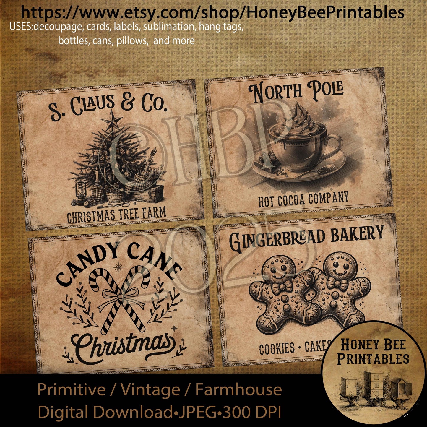 Digital Download, Printable, Decoupage, Vintage, Set / 4, Labels, Primitive Christmas, Gingerbread, Candy Canes, S. Claus, Hot Cocoa, 4x5