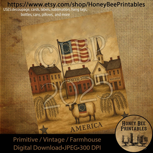 Digital Download, Printable, Decoupage, Primitive, Craft Supplies, Vintage, Rustic, Americana Village, Town, Saltbox, Flag, Sheep, 8x10