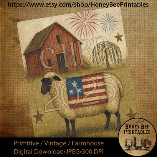 Digital Download, Printable, Decoupage, Primitive, Craft Supplies, Rustic, Americana Barn, Flag, Sheep, Willow Tree, Patriotic, 8x10