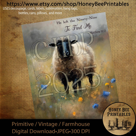 Digital Download, Printable, Decoupage, Primitive, Vintage, Rustic, Spring, Wildflowers, Sheep, He Left the 99, Bible, Scripture, Religious