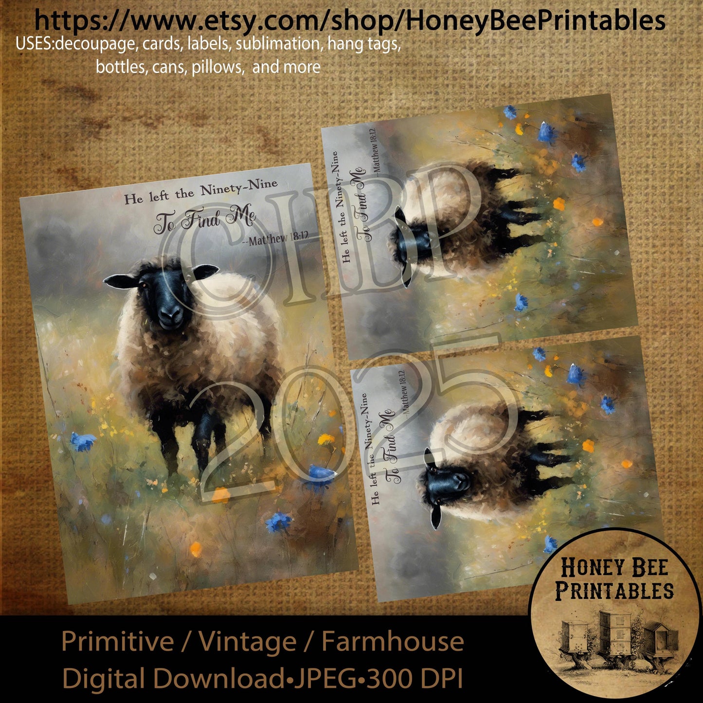 Digital Download, Printable, Decoupage, Primitive, Vintage, Spring, Wildflowers, Sheep, Bible Scripture, Matthew 18, Religious, 5x7, 4x5