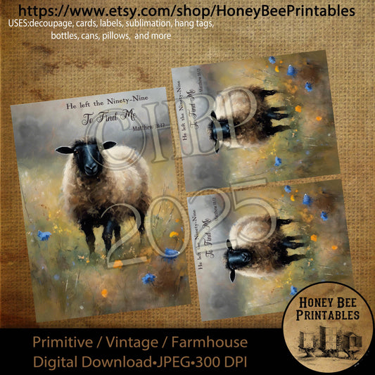 Digital Download, Printable, Decoupage, Primitive, Vintage, Spring, Wildflowers, Sheep, Bible Scripture, Matthew 18, Religious, 5x7, 4x5