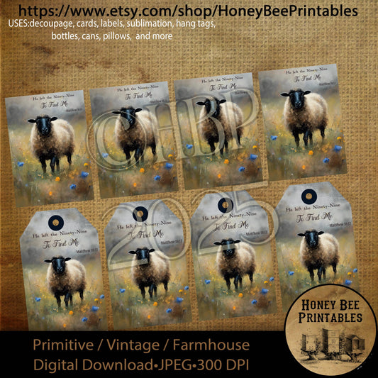 Digital Download, Printable, Decoupage, Primitive, Vintage, Spring, Sheep, Bible Scripture, Matthew 18, He Left the 99, Wildflower, ATC, Tag