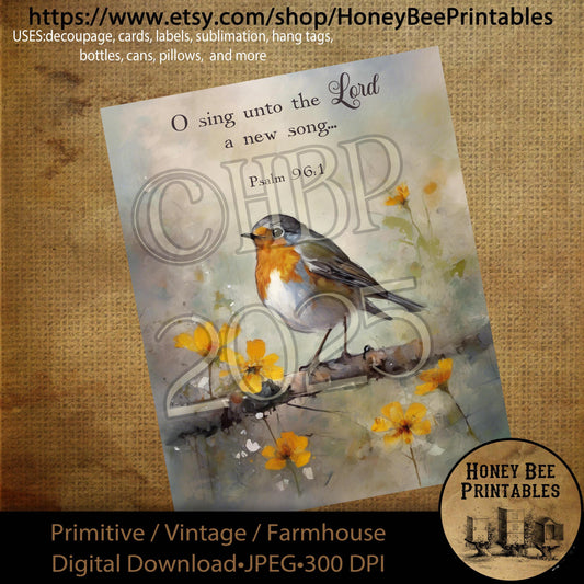 Digital Download, Printable, Decoupage, Primitive, Vintage, Spring, Wildflower, Bible, Scripture, Bird, Robin, Sing Unto The Lord, Religious