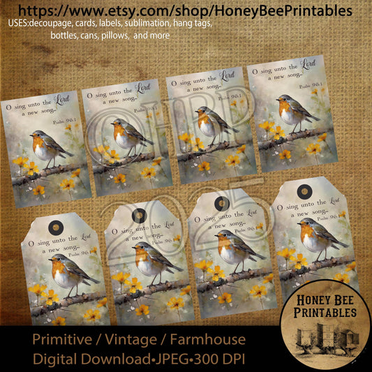 Digital Download, Printable, Decoupage, Primitive, Vintage, Spring, Wildflower, Bird, Robin, Bible Verse, Sing Unto The Lord, ATC, Tags
