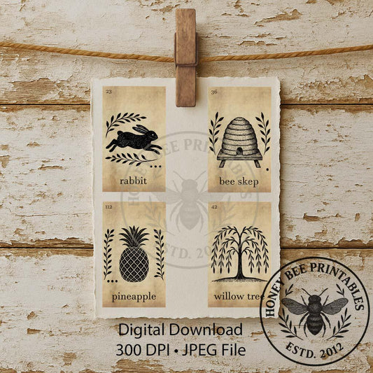 Digital Download, Printable, Farmhouse, Vintage, 3x5, Flash Cards, Rabbit, Pineapple, Bee Skep, Willow, Primitive Decor, Ephemera, Set 1