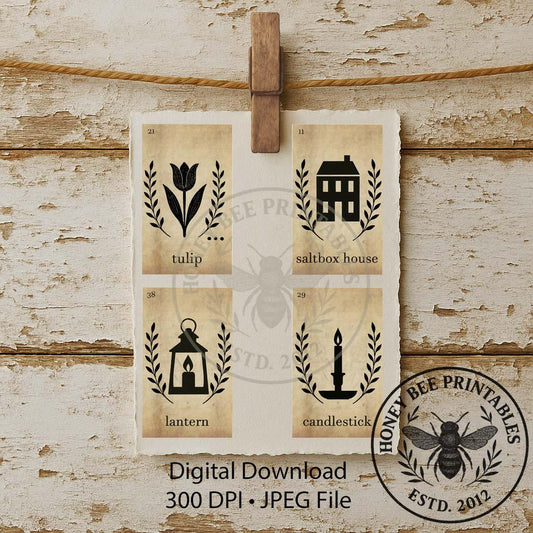 Digital Download, Printable, Farmhouse, Vintage, 3x5, Flash Cards, Tulip, Saltbox, Lantern, Candlestick, Primitive Decor, Ephemera, Set 3
