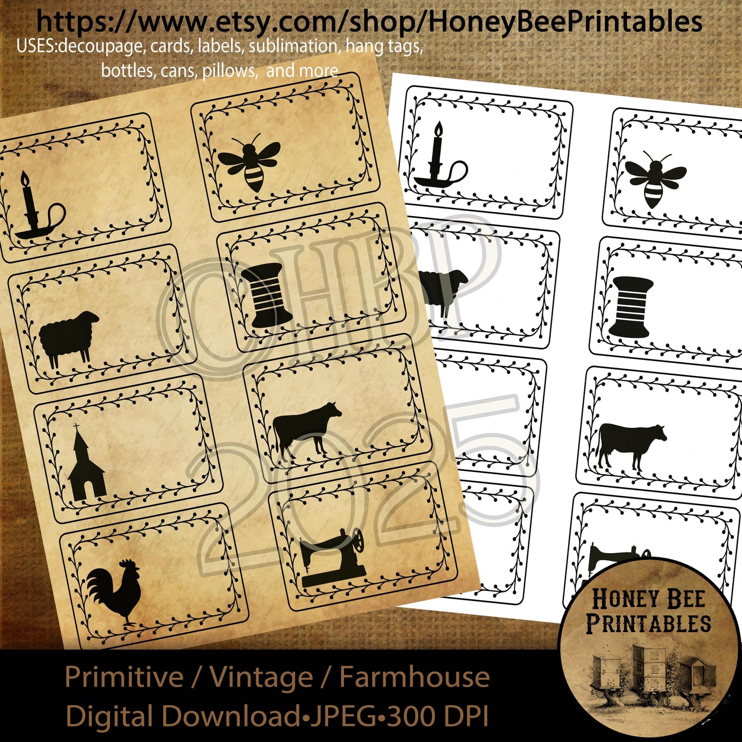 Digital Download, Digital Art, Printable, Decoupage, Prim, Craft Supply, ATC, Cards, Labels, Candle, Bee, Cow, Chapel, Sewing, Spool,  Set 2