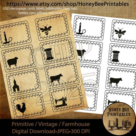 Digital Download, Digital Art, Printable, Decoupage, Prim, Craft Supply, ATC, Cards, Labels, Candle, Bee, Cow, Chapel, Sewing, Spool,  Set 2