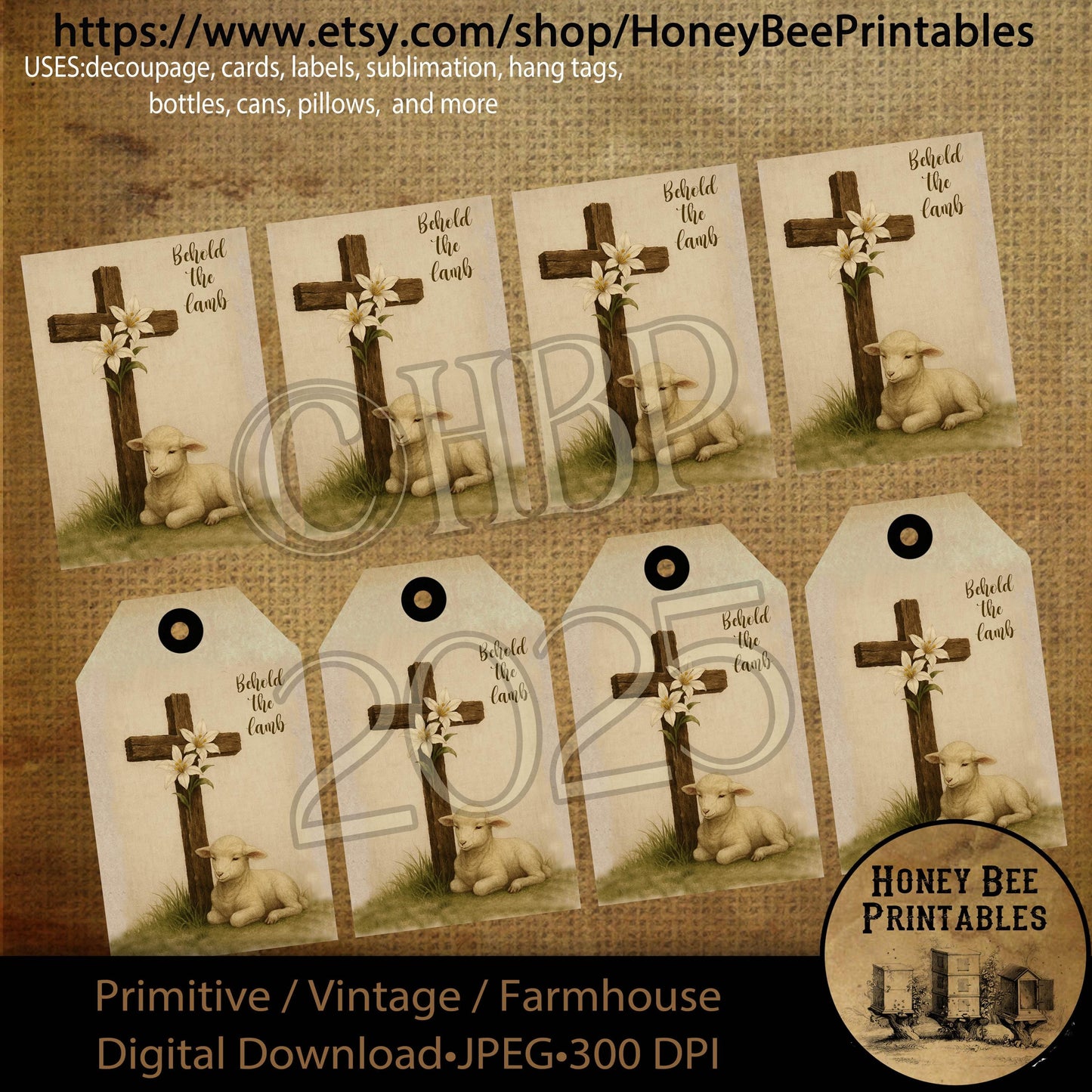 Digital Download, Printable, Decoupage, Primitive, Vintage, Rustic, Spring, Church, ATC, Hang Tag, Behold the Lamb, Sheep, Cross, Easter