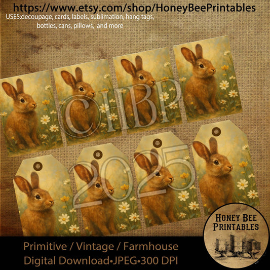 Digital Download, Printable, Decoupage, Primitive, Vintage, Rustic, ATC, Hang Tags, Spring, Bunny, Blooms, Flowers, Rabbit, Easter, Floral
