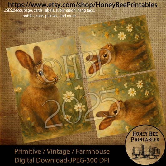Digital Download, Printable, Decoupage, Primitive, Craft, Vintage, 5x7, 4x5, Spring, Bunny, Blooms, Flowers, Rabbit, Easter, Floral, Daisies