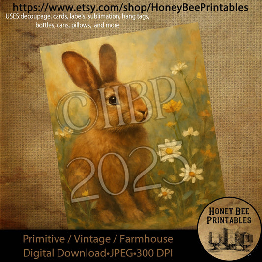 Digital Download, Printable, Decoupage, Primitive, Vintage, Spring, Spring, Bunny, Blooms, Flowers, Rabbit, Easter, Floral, Daisies, 8x10