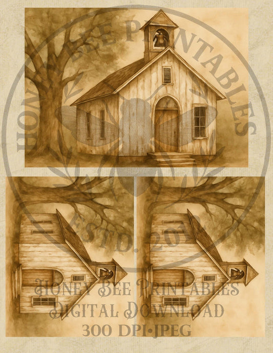 Digital Download, Rustic Chapel, Church, Oak Tree, Religious, Inspirational, Printable, Decoupage, Primitive, Vintage, 5x7, 4x5