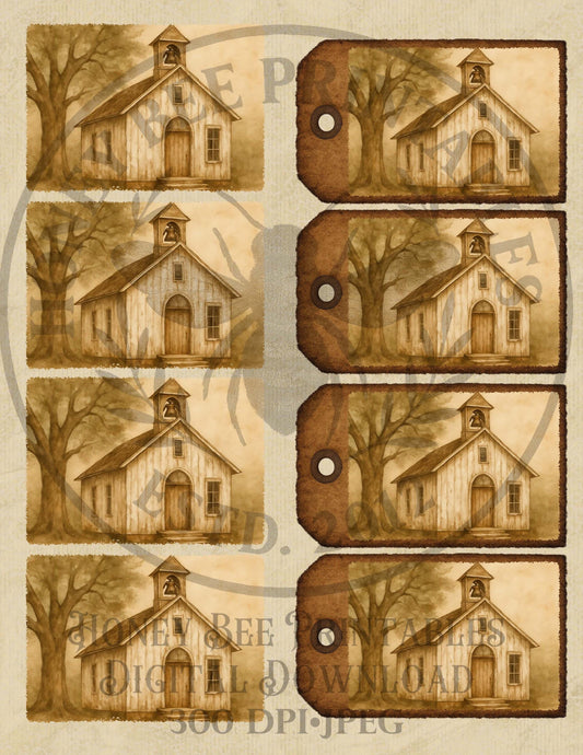 Rustic White Chapel, Church, Oak Tree, ATC, Hang Tags, Religious, Digital Download, Printable, Decoupage, Primitive, Vintage, Spring