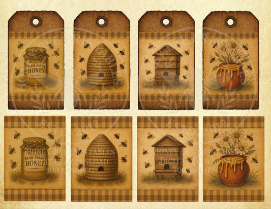Digital Download, Printable, Decoupage, Primitive, ATC Card, Tags, Honey, Bee, Apiary, Skep, Honey Pot, Honey Jar, Farm Fresh, Wildflowers,