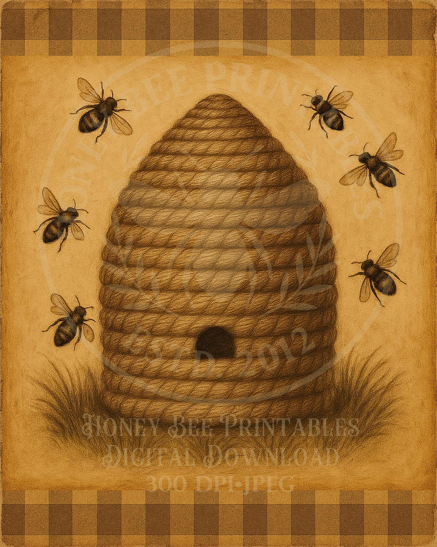Bee Skep, 8x10, Digital Download, Printable, Decoupage, Primitive, Craft Supplies, Vintage, Summer, Bee, Honey Bee, Bee Hive, Honey, Bees