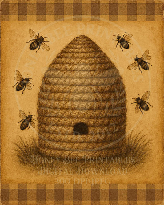 Bee Skep, 8x10, Digital Download, Printable, Decoupage, Primitive, Craft Supplies, Vintage, Summer, Bee, Honey Bee, Bee Hive, Honey, Bees