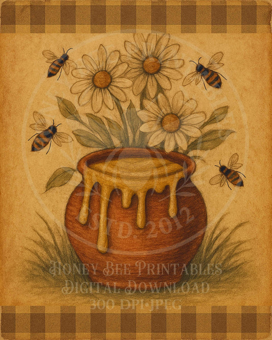 Honey Pot, Honey Jar, Daisy, 8x10, Digital Download, Printable, Decoupage, Primitive, Craft Supplies, Vintage, Summer, Bee, Honey Bee, Bees