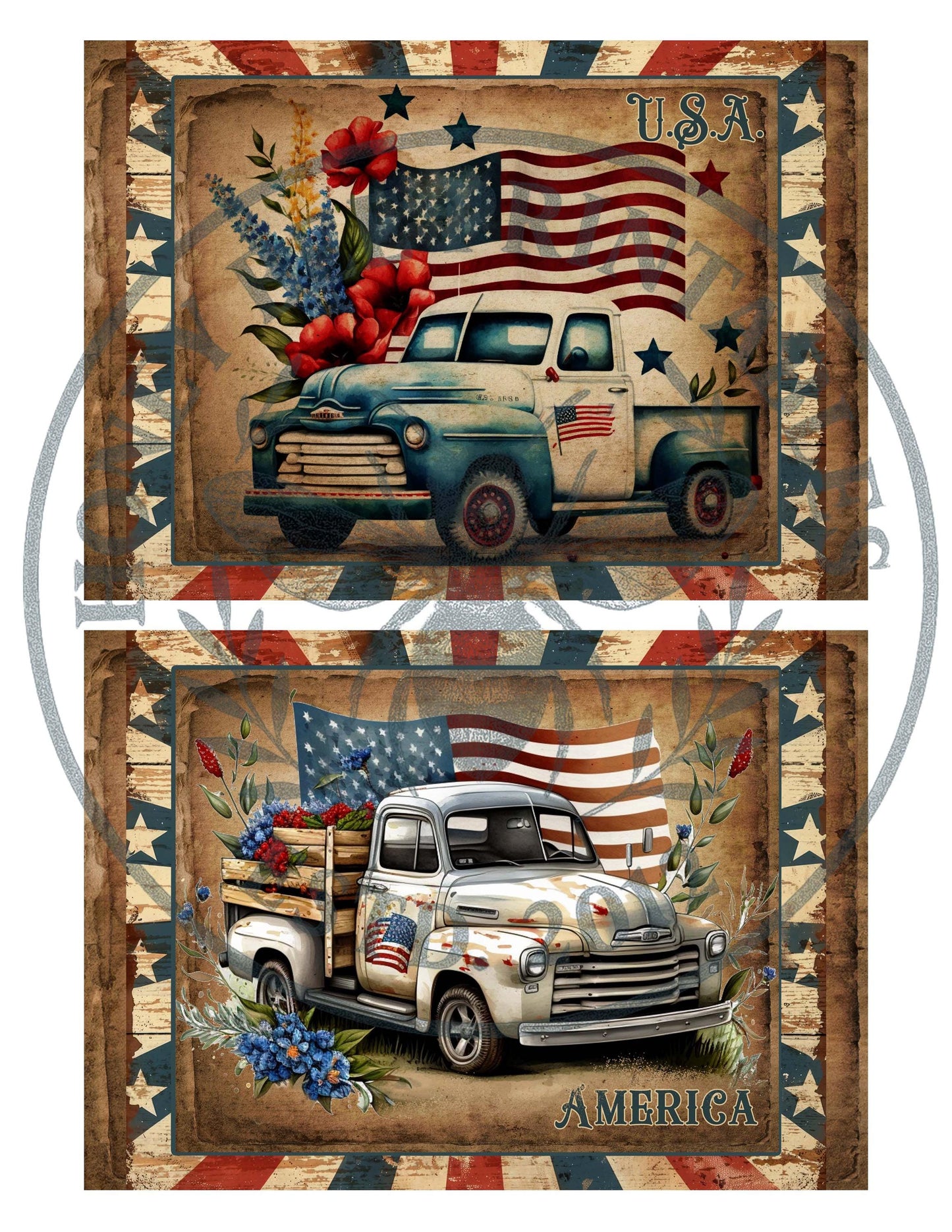 Digital Download, Digital Art, Printable, Decoupage, Primitive, Craft Supplies, 5x7, Vintage Trucks, America, Patriotic, 1776, USA, Freedom