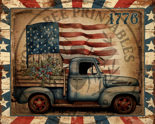 Vintage Old Truck, Americana, Patriotic, USA, Freedom, 1776, Flag, 8x10, Digital Download, Decoupage, Primitive, Craft Supplies, #2