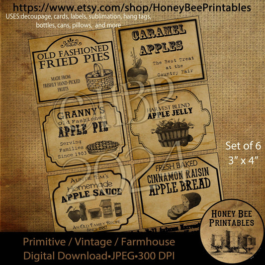 Digital Download, Printable, Decoupage, Vintage, Set/6, Primitive Pantry Labels, Fried Pies, Apples, Apple Sauce, Apple Jelly, Apple Pie