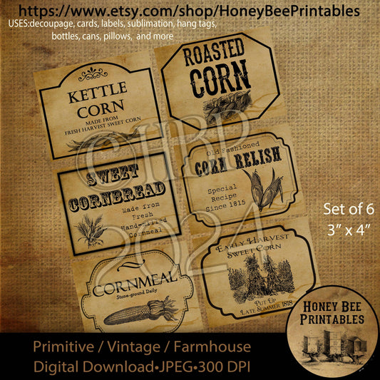 Digital Download, Printable, Decoupage, Set/6, Primitive Pantry Labels, Kettle Corn, Roasted Corn, Cornbread, Corn Relish, Cornmeal