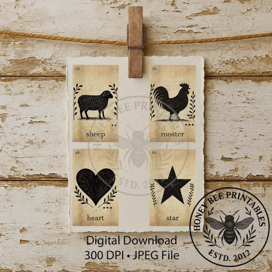 Digital Download, Printable, Farmhouse, Vintage, 3x5, Flash Cards, Rooster, Sheep, Heart, Star, Primitive Decor, Ephemera, Set 2