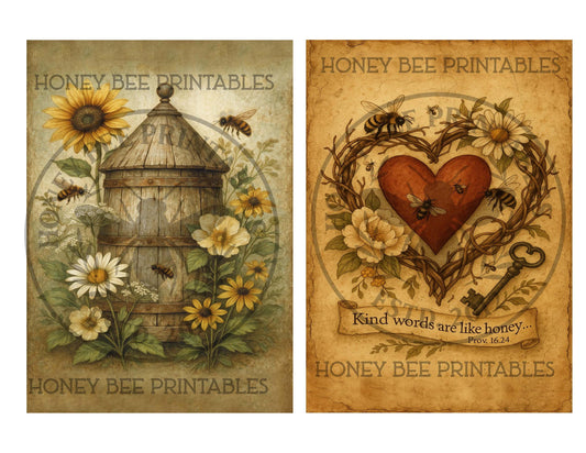Digital Download, Digital Art, Printable, Decoupage, Primitive, Craft Supplies, 5x7, Bee Skep, Honey Bee, Apiary, Flowers, Sweet as Honey