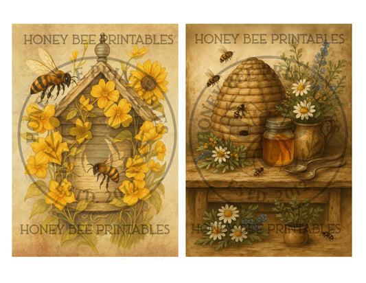 Digital Download, Digital Art, Printable, Decoupage, Primitive, Craft Supplies, 5x7, Bee Skep, Honey Bee, Apiary, Wildflowers, Honey Jar