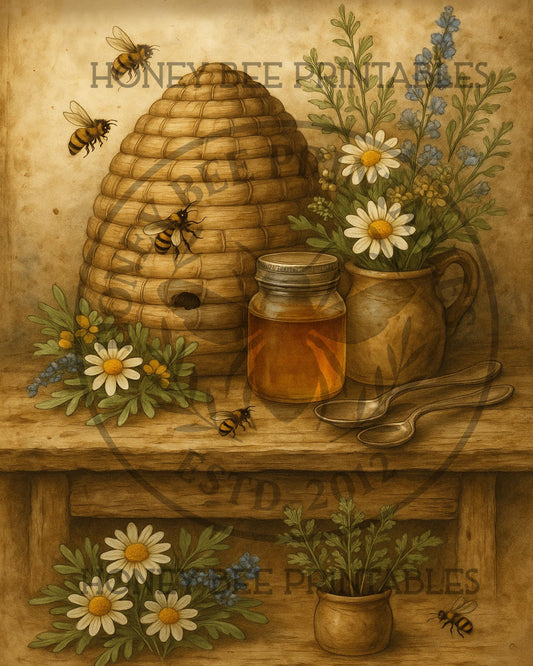 Bee Hive, Honey, Wildflowers, Daisies, Honey Bee, Apiary,  8x10, Digital Download, Decoupage, Primitive, Craft Supplies, Vintage, Summer
