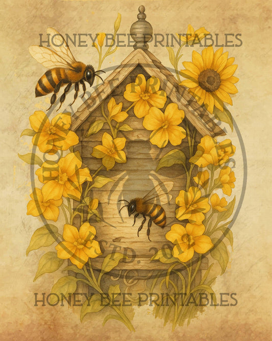 Bee Hive, Honey, Sunflowers, Wildflowers, Honey Bee, Apiary,  8x10, Digital Download, Decoupage, Primitive, Craft Supplies, Vintage, Summer
