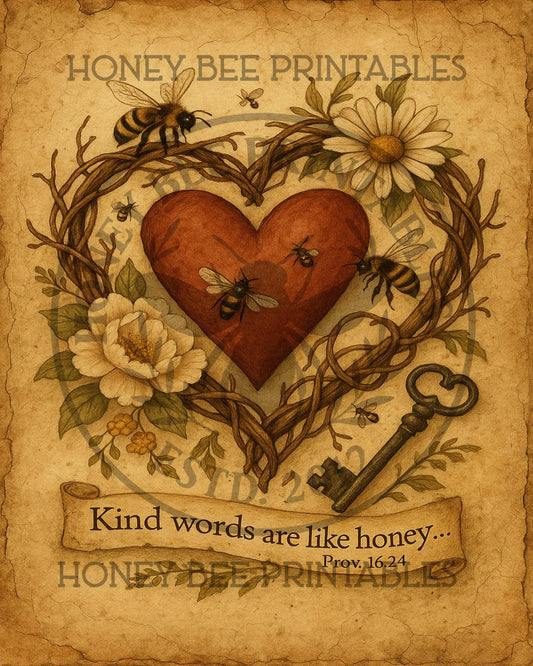 Kind Words Are Like Honey, Bees, Heart Wreath, Grapevine,  8x10, Digital Download, Decoupage, Primitive, Craft Supplies, Vintage, Summer