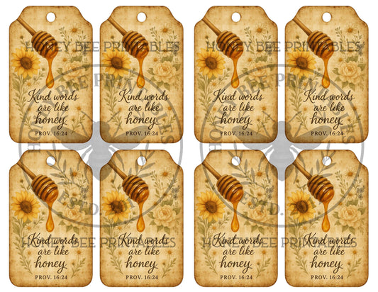 Digital Download, Printable, Decoupage, Primitive, Hang Tags, Honey Bee, Honey Dipper, Wildflowers, Kind Words Are Like Honey, Proverbs