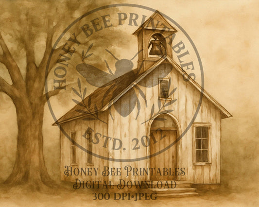 Rustic Primitive Chapel, Church, Oak Tree, 8x10, Digital Download, Printable, Decoupage, Primitive, Craft Supplies, Vintage,