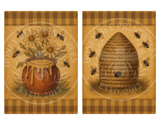 Digital Download, Digital Art, Printable, Decoupage, Primitive, Craft Supplies, 5x7, Honey Pot, Bee Skep, Honey Bee, Honey, Bees, Farm