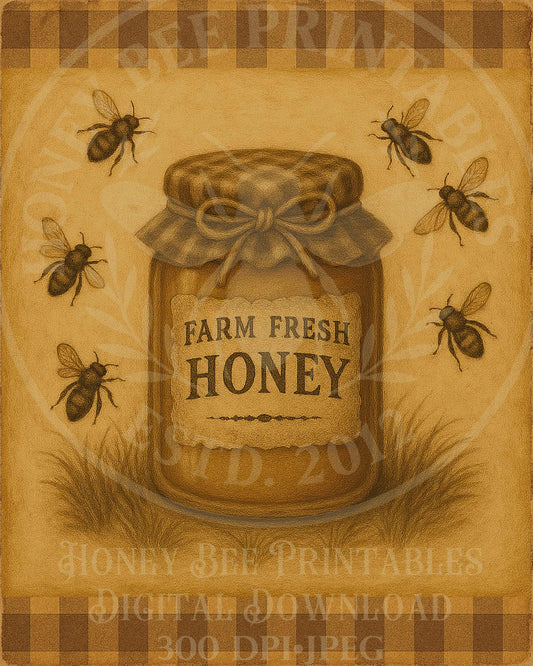 Honey Jar, Farm Fresh Honey, 8x10, Digital Download, Printable, Decoupage, Primitive, Craft Supplies, Vintage, Summer, Bee, Honey Bee, Bees