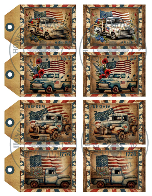 Digital Download, Printable, Decoupage, Primitive, ATC Cards, Hang Tags, Patriotic, Vintage Trucks, Flag, Stars, America, USA, 1776, Freedom
