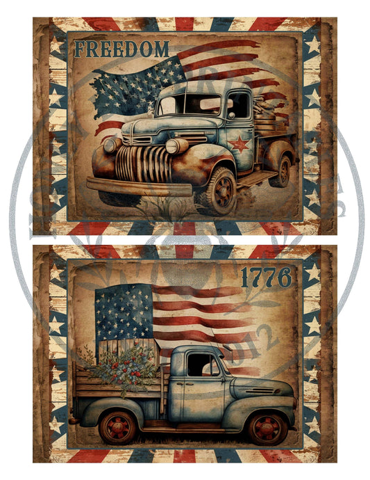 Digital Download, Digital Art, Printable, Decoupage, Primitive, Craft Supplies, 5x7, Vintage Truck, America, Patriotic, 1776, Freedom, 2 & 4