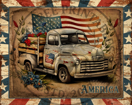 Vintage Old Truck, Americana, Patriotic, USA, Freedom, 1776, Flag, 8x10, Digital Download, Decoupage, Primitive, Craft Supplies, #1