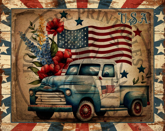 Vintage Old Truck, Americana, Patriotic, USA, Freedom, 1776, Flag, 8x10, Digital Download, Decoupage, Primitive, Craft Supplies, #3