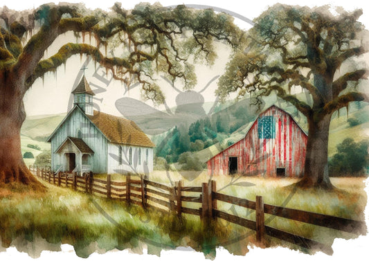 Digital Download, Printable, Decoupage, Primitive, Craft Supplies, Vintage, Americana, Patriotic, A4, Old White Chapel, Red Barn, Flag, 1
