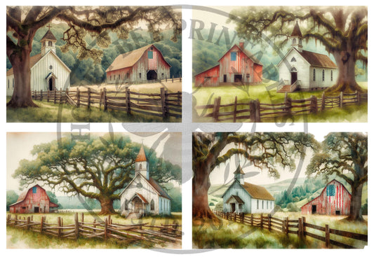 Digital Download, Printable, Decoupage, Primitive, Craft Supplies, A4, Set/4, Americana, Patriotic, Chapel, Red Barn, American Flag, Oak