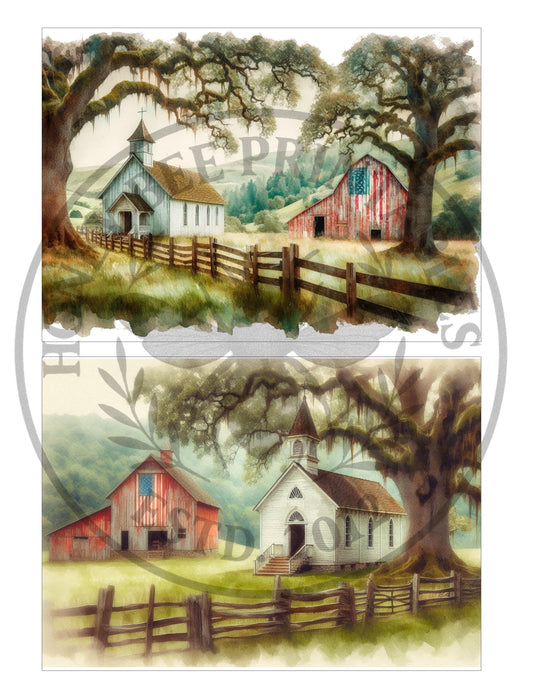 Digital Download, Digital Art, Printable, Decoupage, Primitive, Craft Supplies, 5x7, Set/2, Church, Chapel, Barn, Americana, Patriotic, 1&2