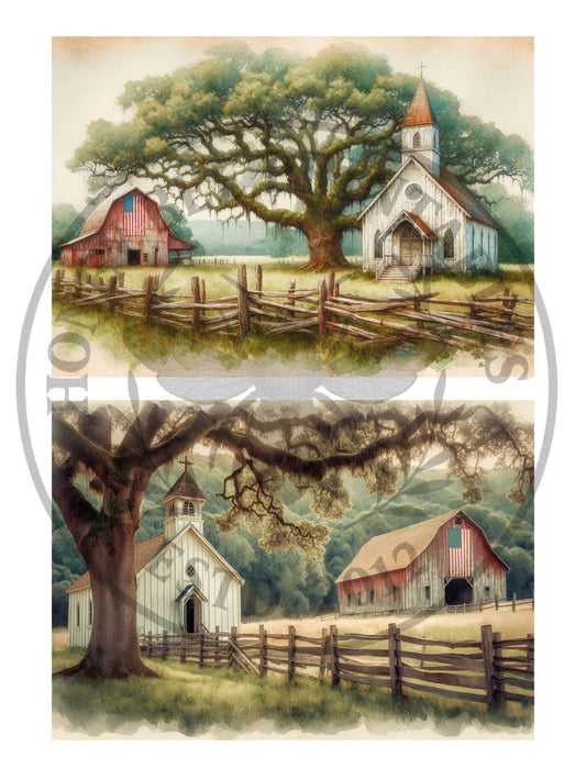 Digital Download, Digital Art, Printable, Decoupage, Primitive, Craft Supplies, 5x7, Set/2, Church, Chapel, Barn, Americana, Patriotic, 3&4