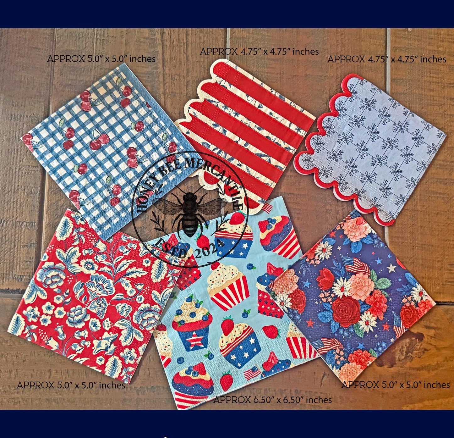 Patriotic Napkin Bundle Set 1, Decoupage, Ephemera, Craft Supplies, Mixed Media, Journaling, ATC, Red, White, Blue, Floral, Stripes, Set / 6