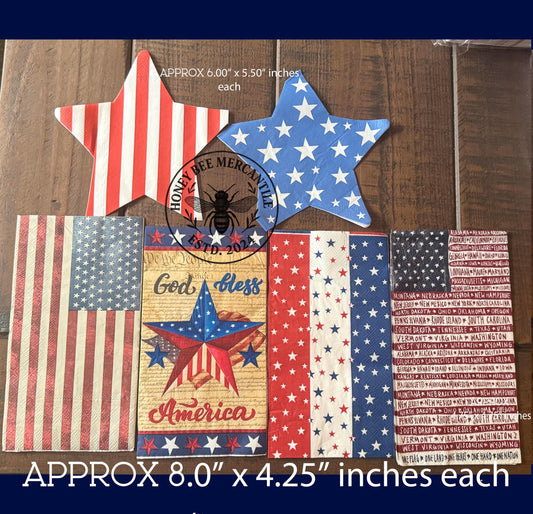 Patriotic Napkin Bundle Set 3, Decoupage, Ephemera, Craft Supplies, Mixed Media, Journaling, ATC, Red, White, Blue, Floral, Stripes, Set / 6